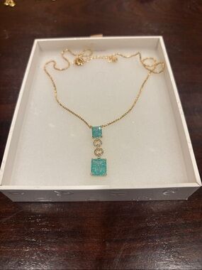 Gold Necklace with Aqua Ive Crystal Square Pendant